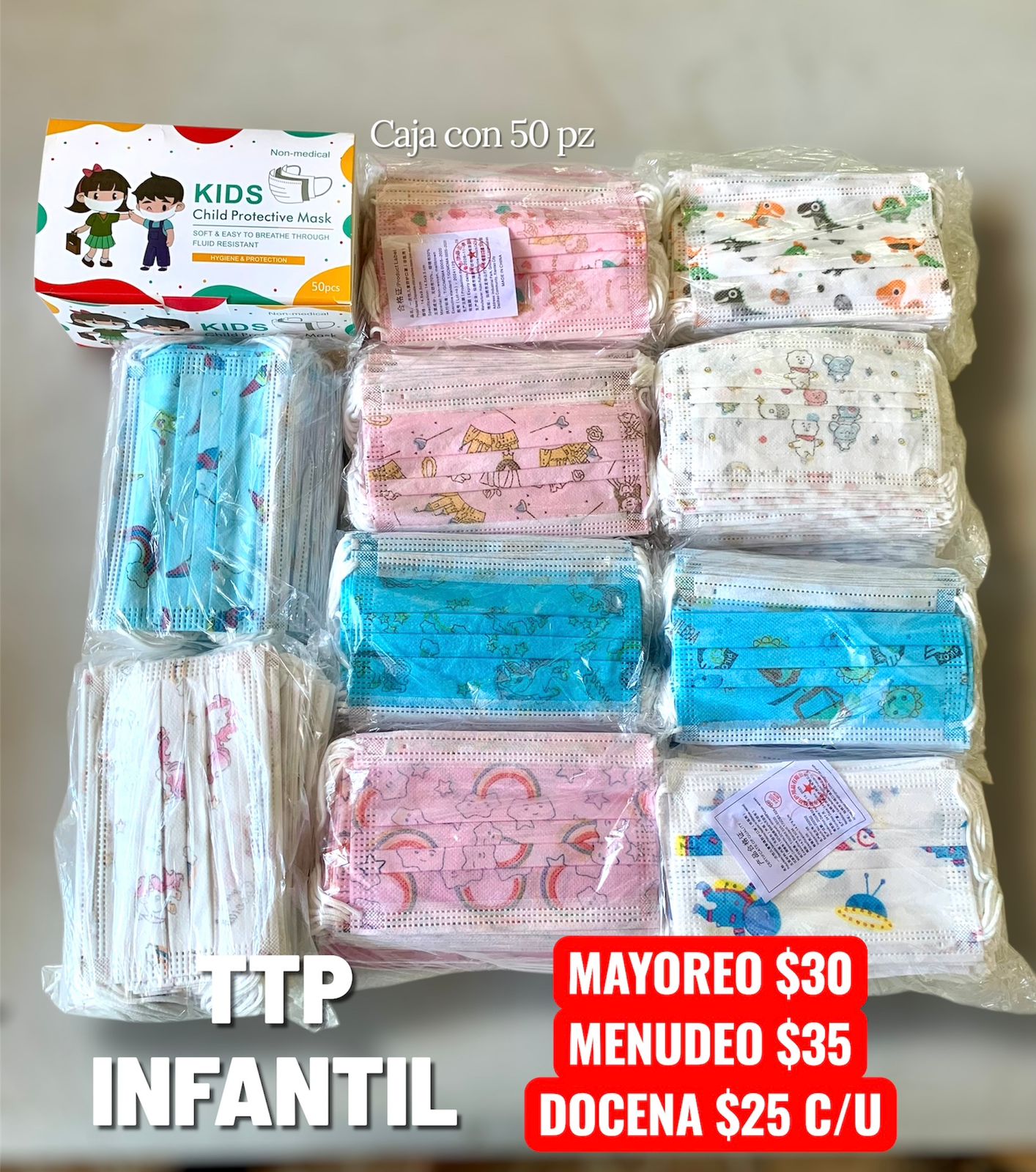 Cubrebocas Tricapa Infantil 50 Pz Con Diseños