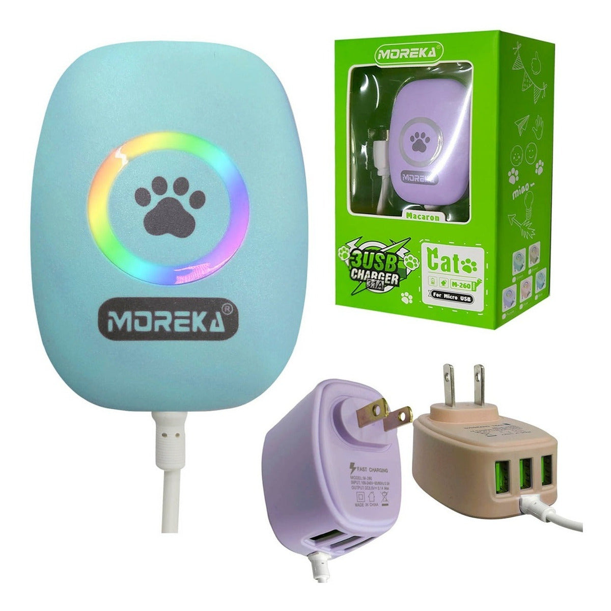 Cargador V8 Micro Usb 3.1 A 3 Usb Luz Led Colores Cat M-260