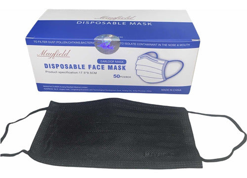 CAJA CUBREBOCAS TRICAPA NEGRO MAYFIELD 50 PIEZAS
