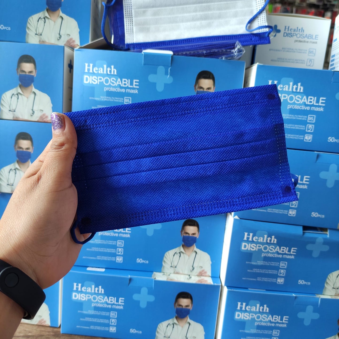 Cubrebocas Tricapa Azul Rey Grado Medico Caja 50 Pz