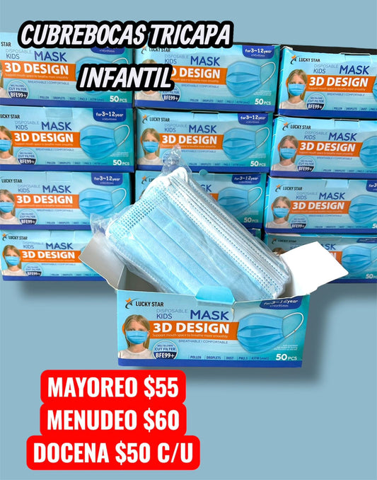 CUBREBOCAS TRICAPA INFANTIL CAJA 50 PZ AZUL