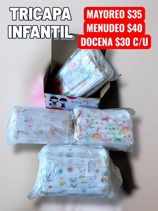 Cubrebocas Tricapa Infantil 50 Pz Con Diseños