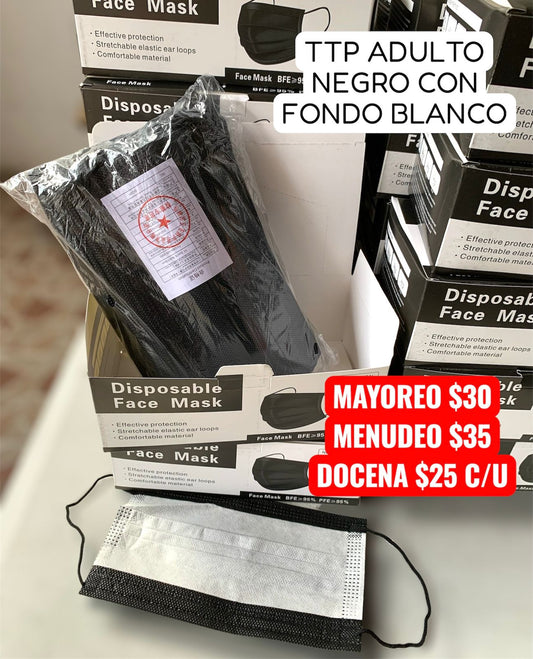 CUBREBOCAS TRICAPA NEGRO FONDO BLANCO