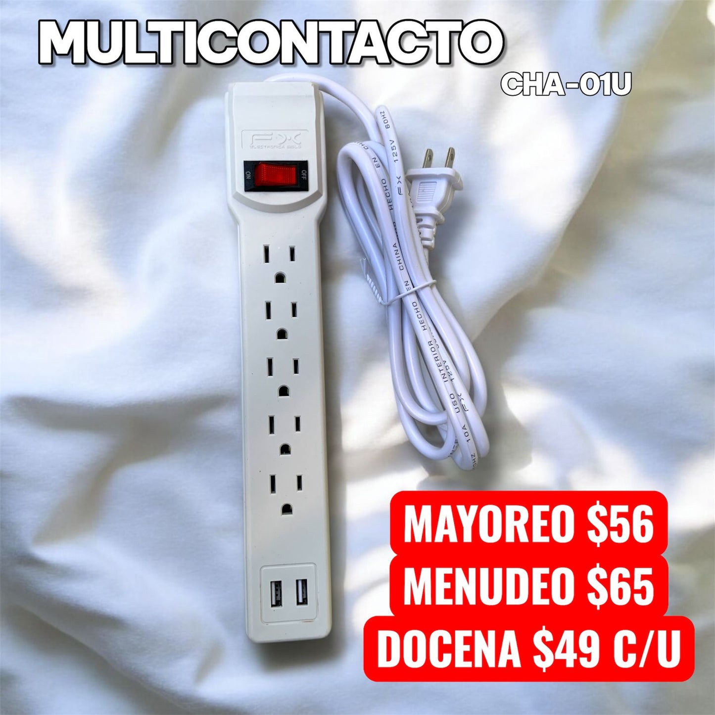 Multicontacto CHA-01U con 5 tomacorrientes + 2 puertos usb e interruptor