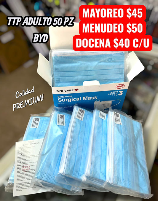 Cubrebocas Tricapa caja con 50 piezas Azul Grado Medico BYD