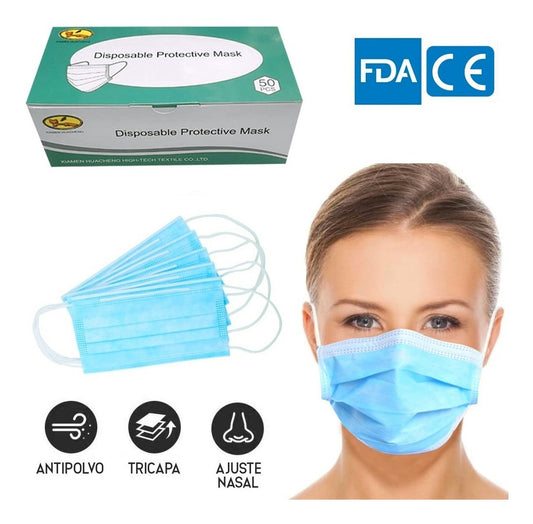 Cubrebocas Tricapa caja con 50 piezas Azul (ASOC)